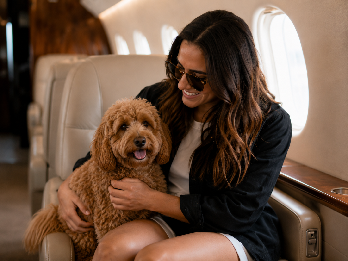 Smiling woman in sunglasses holds a fluffy brown dog while traveling on a private jet.