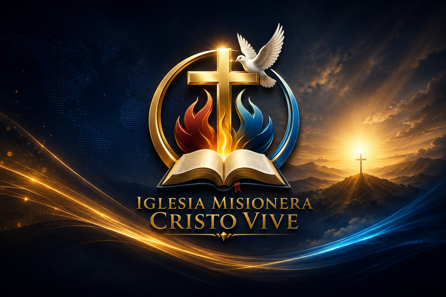 Emblema de Iglesia Misionera Cristo Vive con cruz, paloma, biblia y llamas
