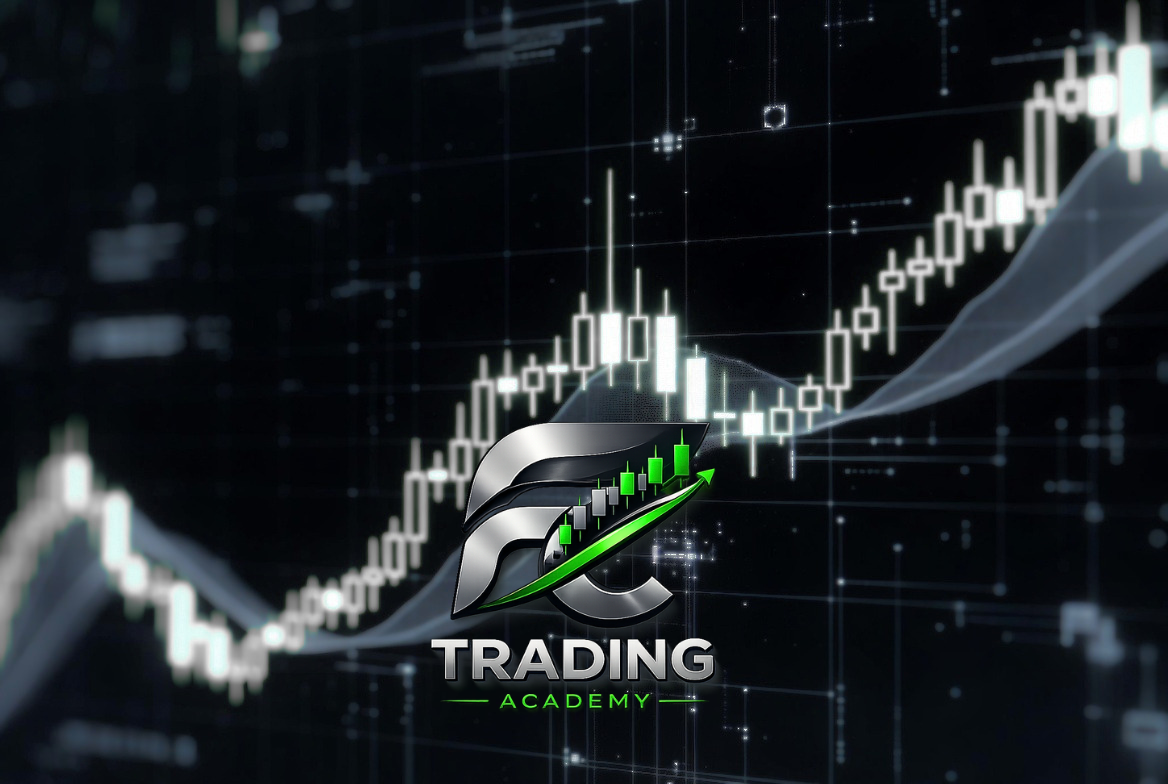 Logo de FC Trading Academy sobre gráfico financiero digital
