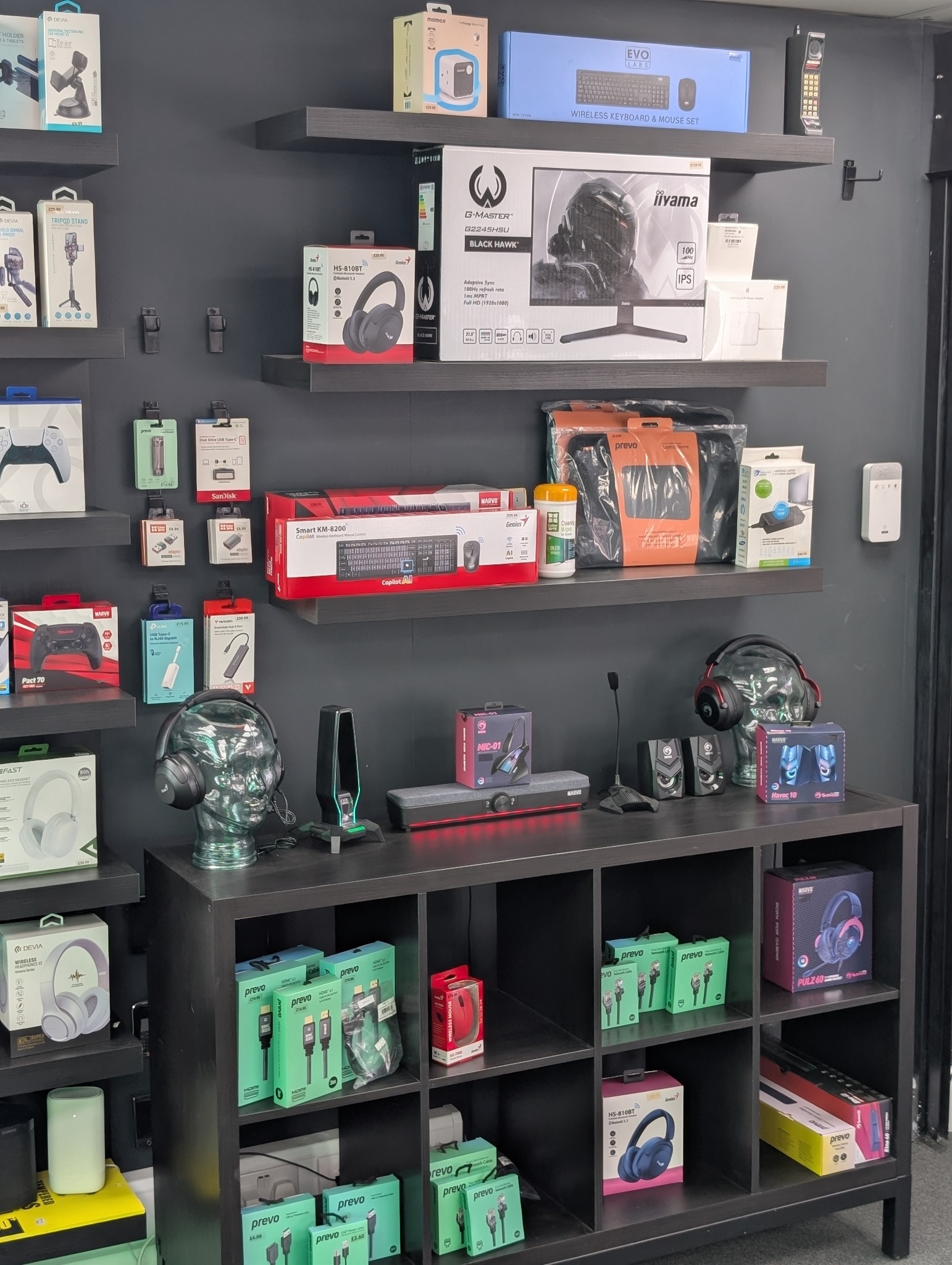 Gaming and computer accessories displayed in the NXT GEN store