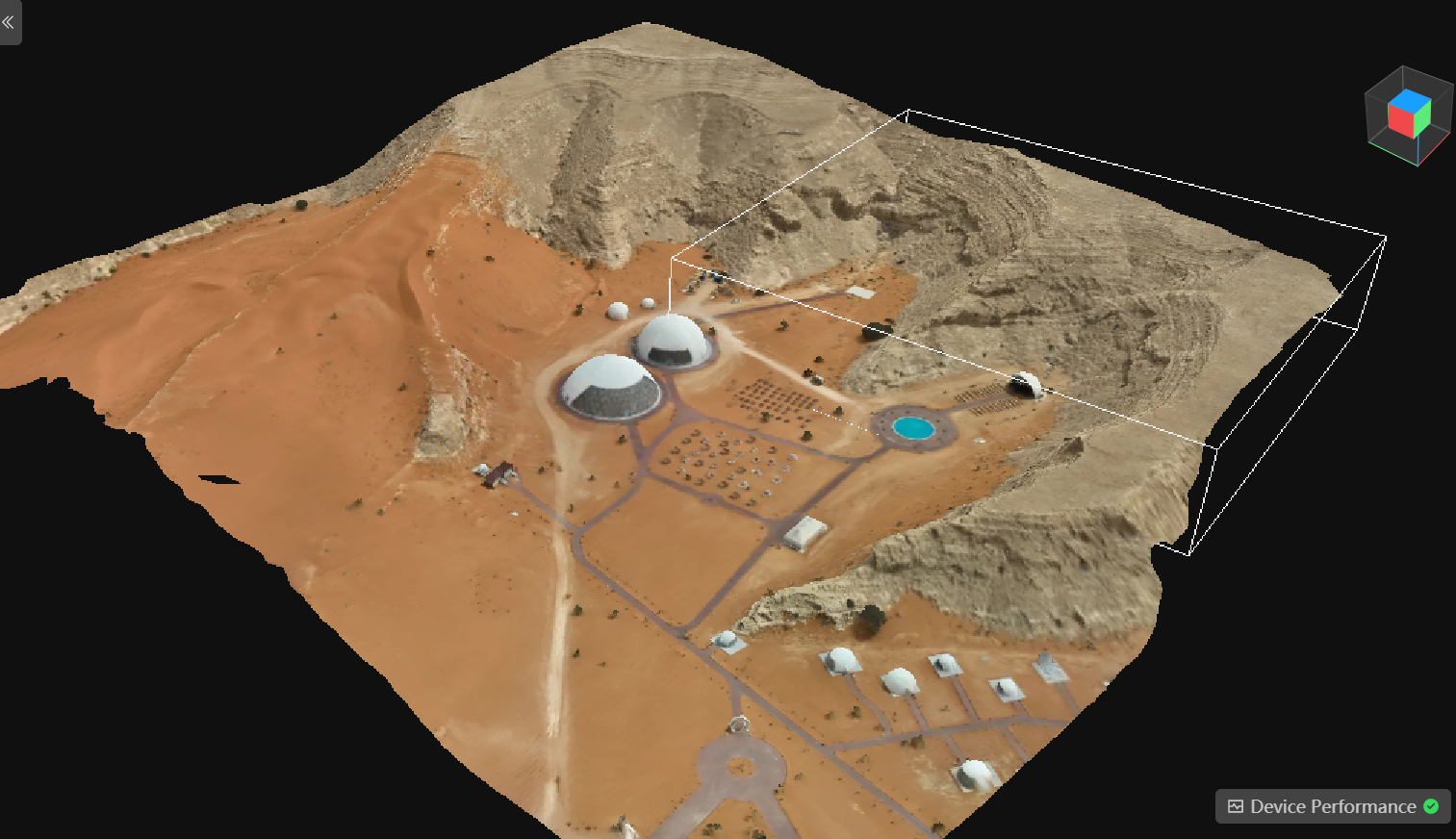Precision starts on the ground: Using Ground Control Points (GCPs) to validate ±1-3cm drone data accuracy. Drone hovering over a construction site with white cross ground control points placed on the dusty terrain for survey accuracy.
