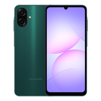 Samsung Galaxy A07 in green, front and rear catalogue view