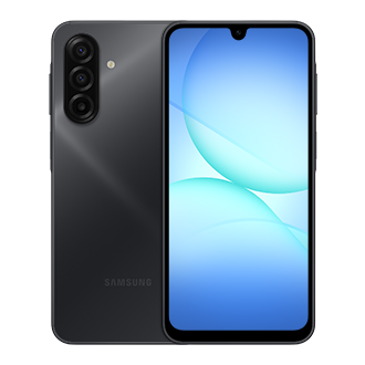 Samsung Galaxy A17 in black, front and rear catalogue view