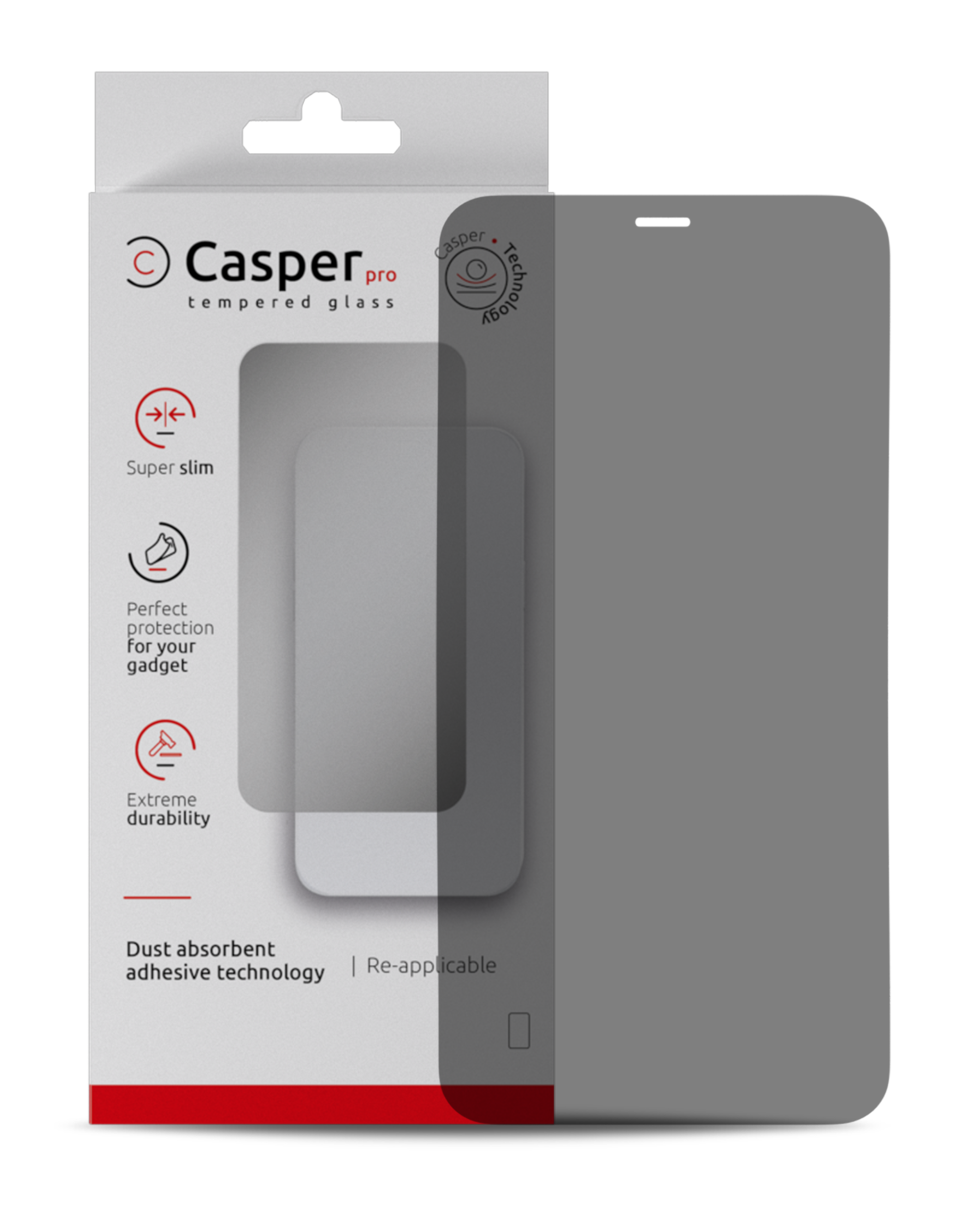 Casper Pro privacy tempered glass screen protector with its retail packaging