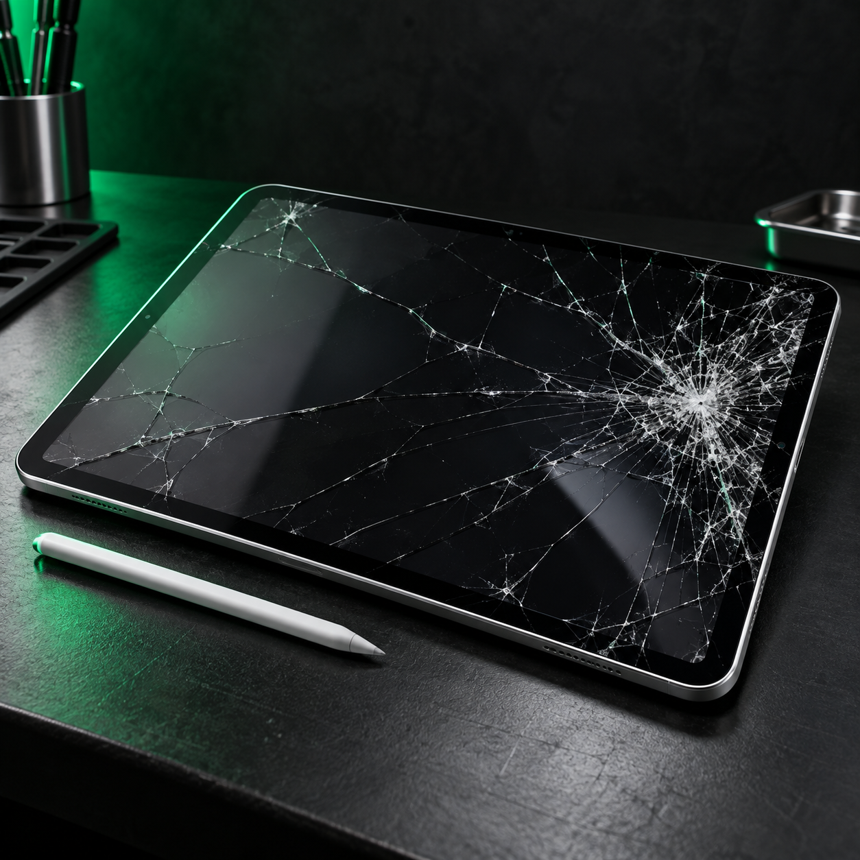 Tablet with cracked glass beside a stylus, illustrating screen damage
