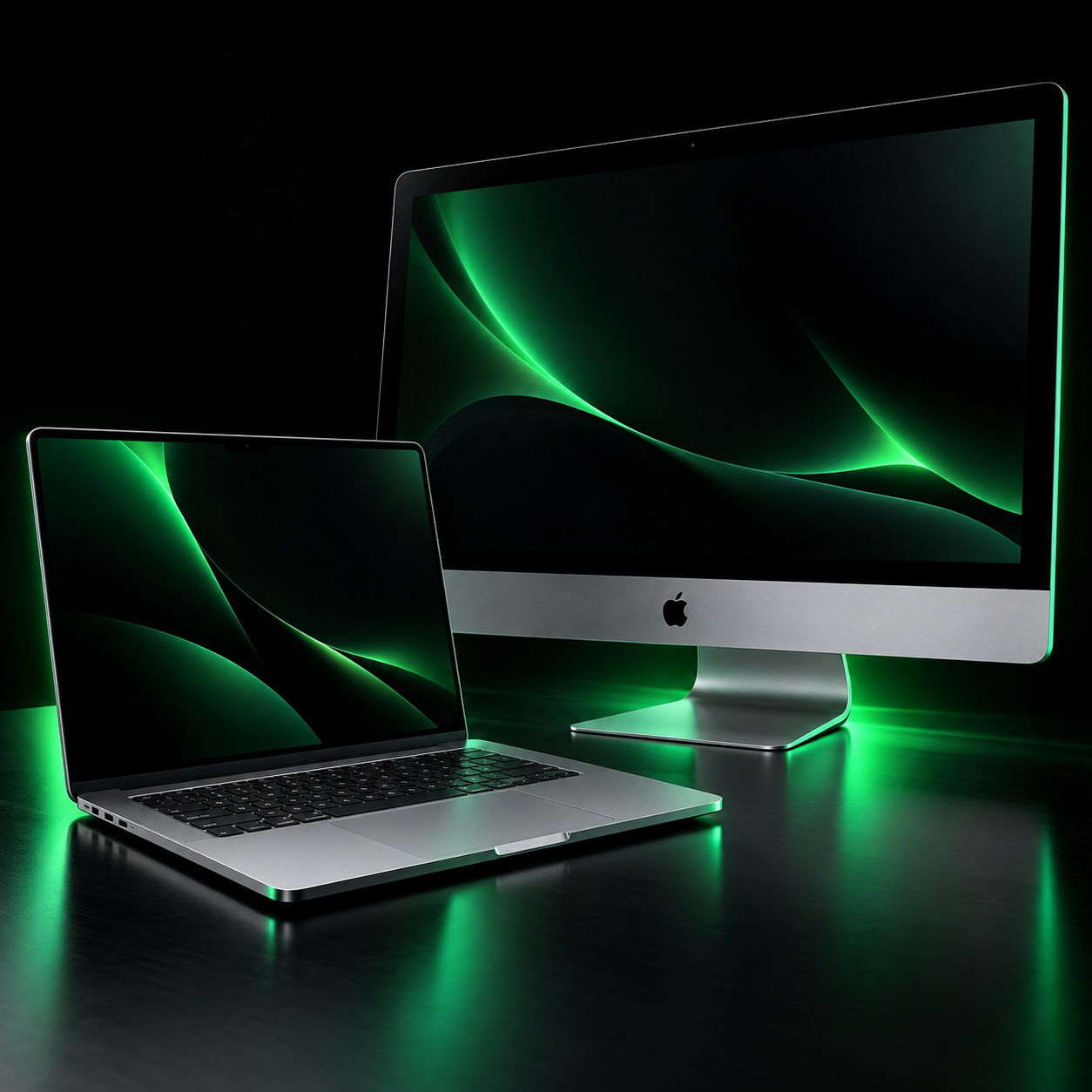 Silver MacBook and iMac with green lighting against a dark background