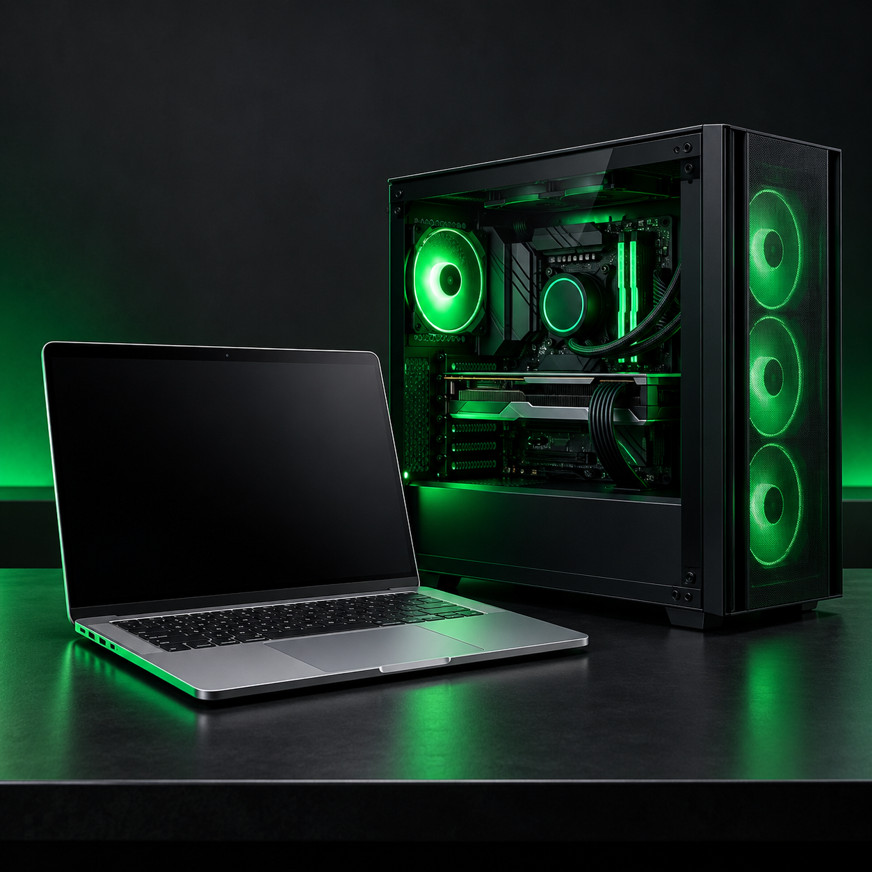 Laptop beside a desktop gaming PC with green lighting