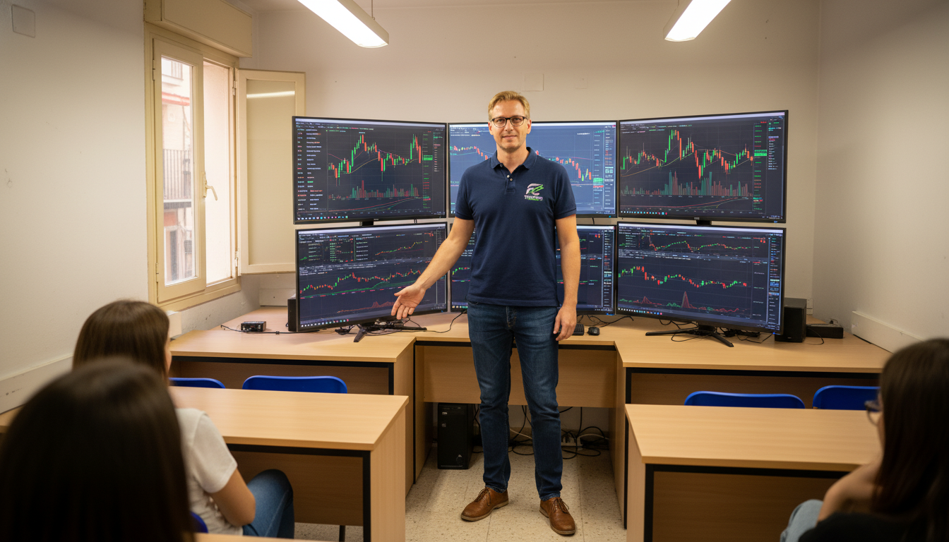 Instructor enseñando trading en una academia presencial