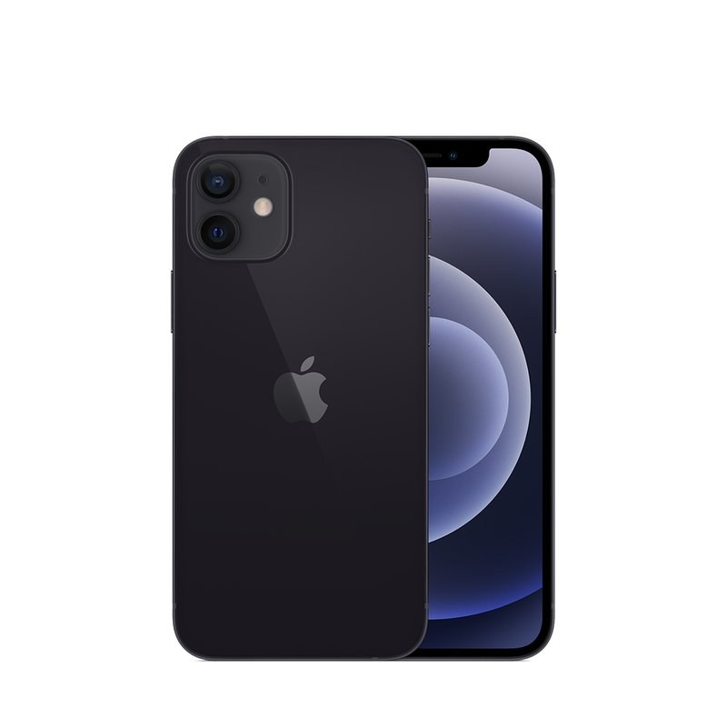 iPhone 12 in black, front and rear catalogue view